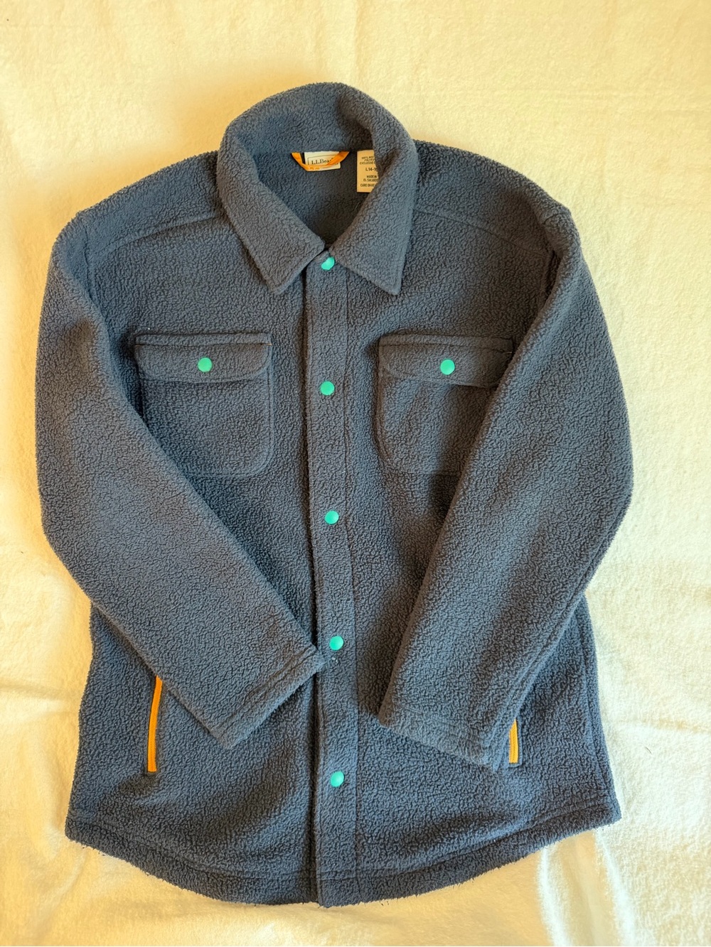 L.L. Bean Unisex Slate Blue Sherpa Shirt Jacket with Teal Accents